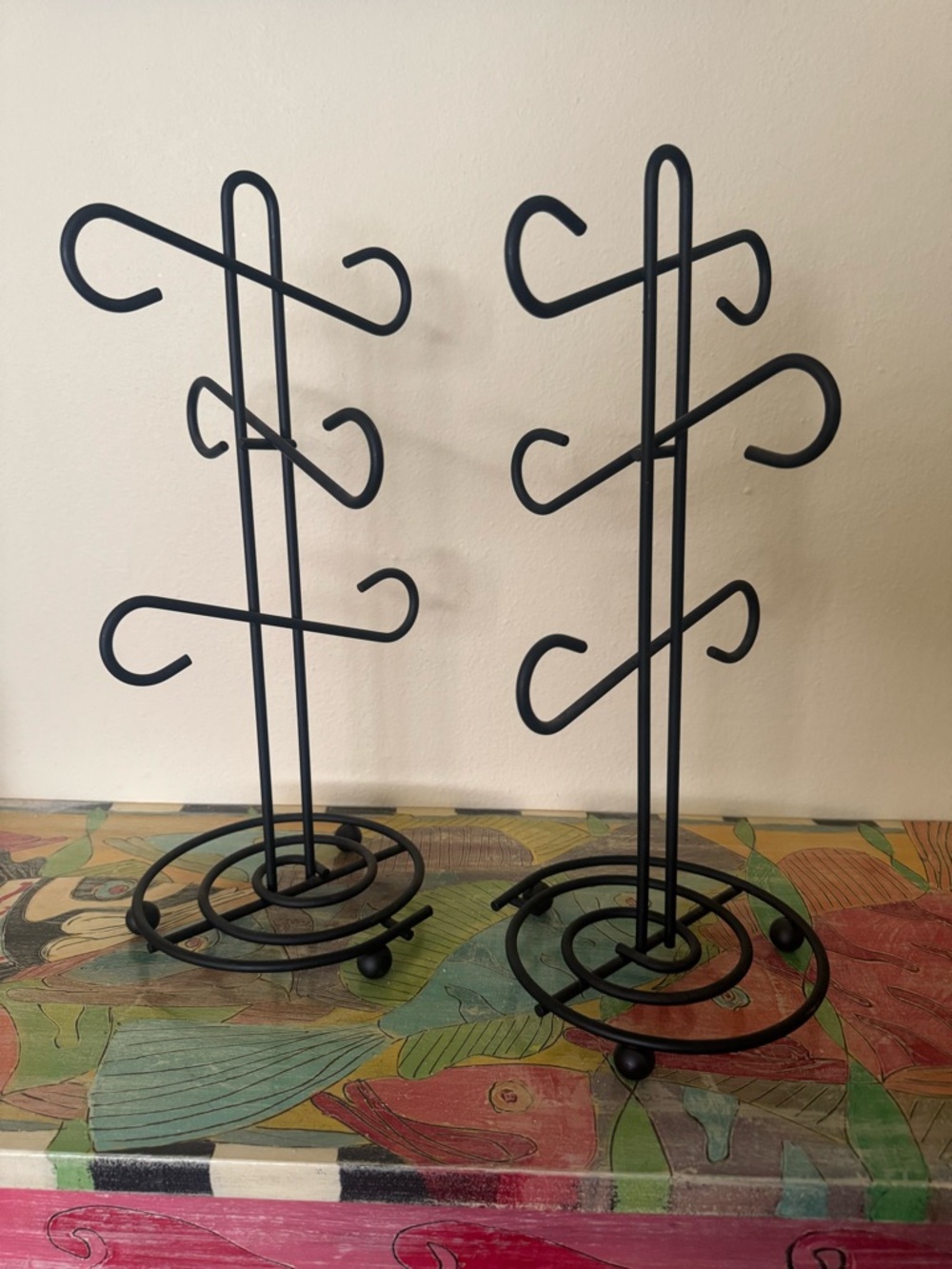 Black Wrought Iron Metal Mug Tree Holders - Set of 2